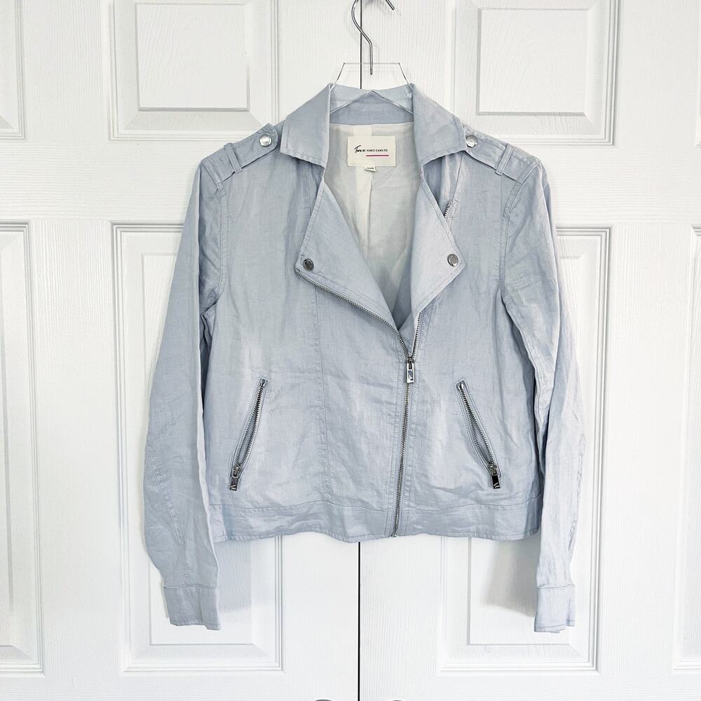 Two by Vince Camuto Light Blue Linen Moto Jacket